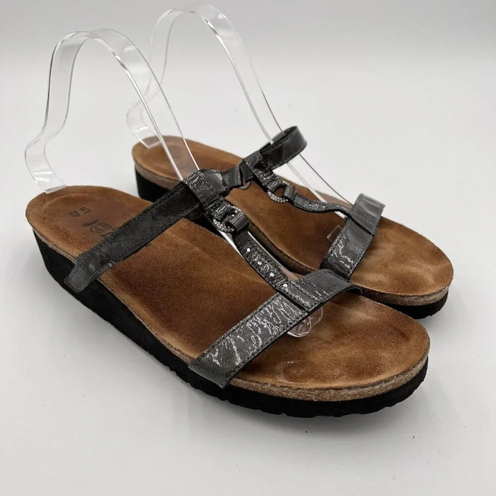 Naot Metallic Leather Sandals Women's 42(11-11.5) Silver Slip On Adjustable